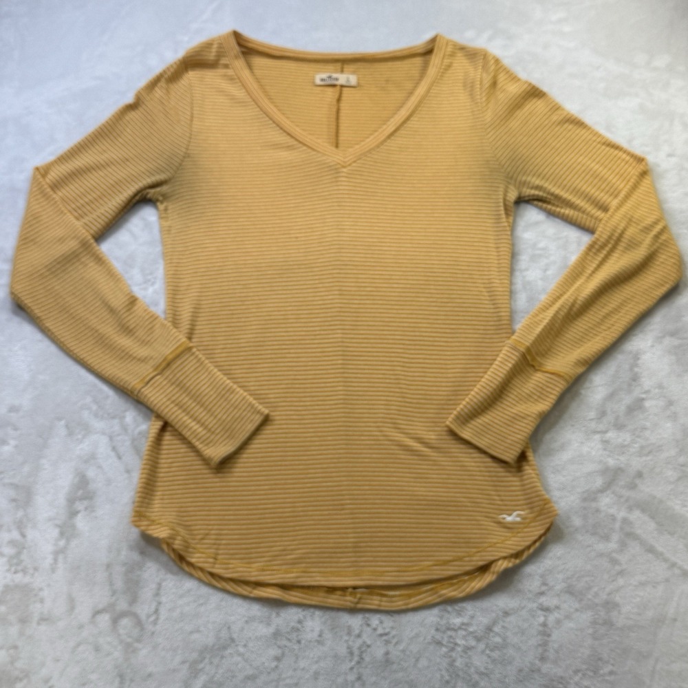 Y2K Hollister Striped V Neck Long Sleeve Shirt Women's Large Mustard Top‎